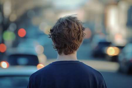 A young man in the distance on a bustling street, capturing the essence of urban lifeの写真素材