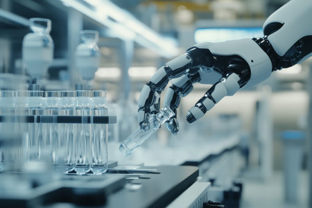 Close up of a robotic hand mixing vials in a modern laboratory with futuristic industrial backgroundの写真素材