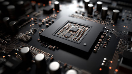 Close up of a black circuit board with an integrated chip, warm lighting, and soft shadows