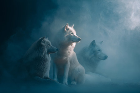 Fantasy art depicting two white wolves and one gray wolf in a misty ethereal landscapeの写真素材