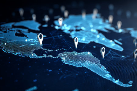 Abstract digital world map with people icons and location pins for global networking conceptの写真素材