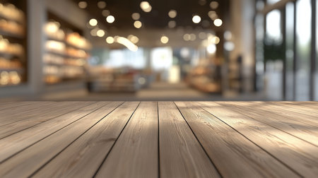 Supermarket interior with wooden flooring blurred background for product display montageの写真素材