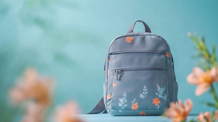 Stylish gray floral backpack displayed on table with soft blue background and peach blooms in focus