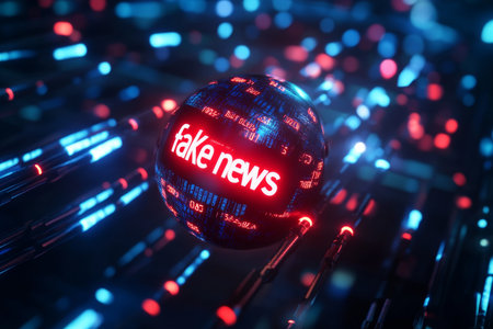 3d concept art of a bomb marked fake news surrounded by glowing data streams for space action gameの写真素材