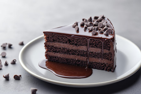 Indulge in a tempting slice of chocolate cake with rich liquid chocolate on a gray background