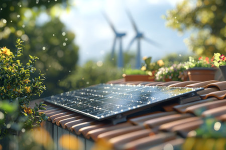 Solar panel roof with wind turbines a symbol of renewable energy and green technologyの写真素材