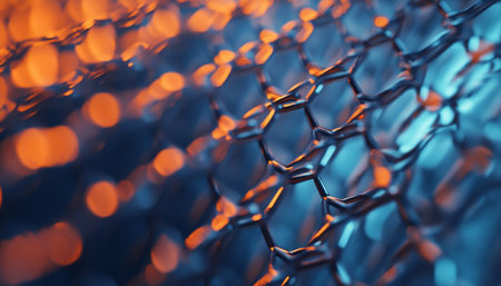 Close up of an iron chain link fence with blue and orange lighting and blurred background effectの写真素材