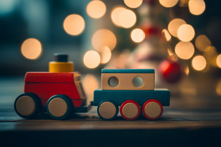 Charming retro wooden train and car on table with bokeh lights perfect christmas gift ideaの写真素材