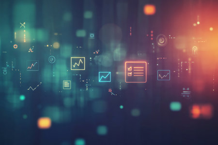 Modern digital marketing icons on dark blue gradient background symbolizing online business successの写真素材