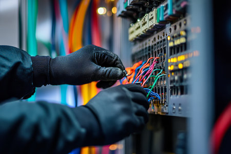 Electrician in black gloves installing controls and fixtures inside an electrical panel with toolsの写真素材