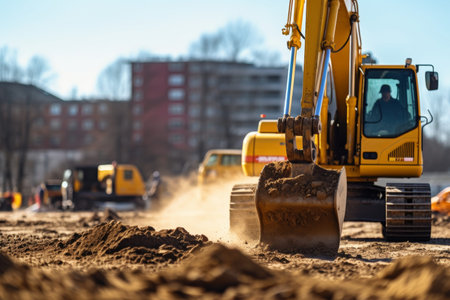 Yellow excavator at construction site earthworks and soil transport on a sunny day