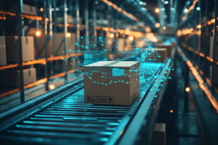 Dynamic low angle view of cardboard boxes on conveyor belt with data visuals in a warehouse setting