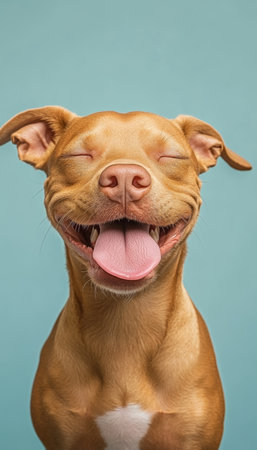 Adorable happy dog with closed eyes and tongue out against a soft blue backgroundの写真素材