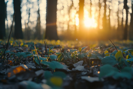Stunning spring forest landscape at sunrise with lush green leaves and bokeh effect for text spaceの写真素材