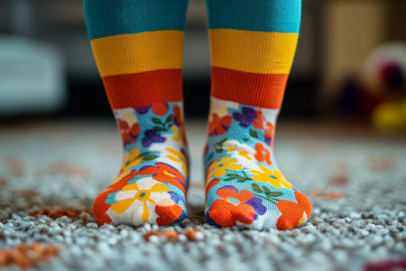 Colorful floral patterned socks worn by a child on a soft carpeted floor in a cozy home settingの写真素材
