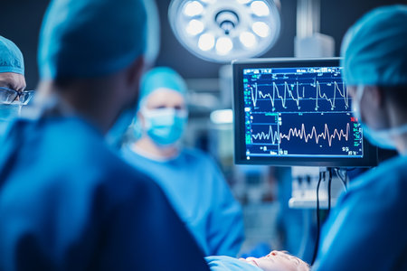 Surgeon in operating room team focused on patient with heart rate monitor and medical equipmentの写真素材