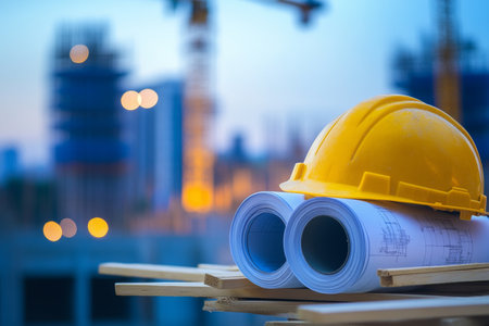 Professional photography of a construction site with indigo background and architectural plans.の写真素材