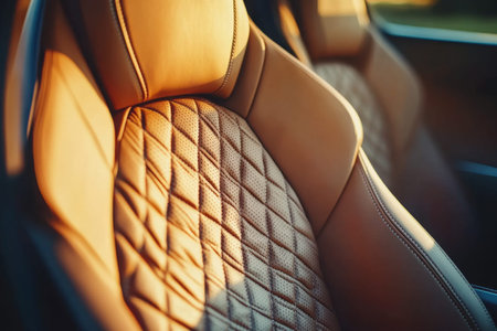 Elegant close up of luxury leather car seats featuring diamond stitching in golden hour light