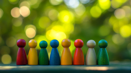 Vibrant wooden figurines against a green bokeh background representing leadership and communityの写真素材