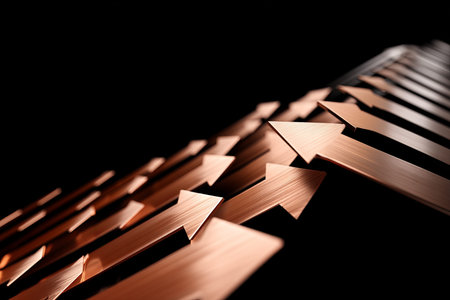 Elegant 3d copper arrow graph on black background illustrating business growth and progress