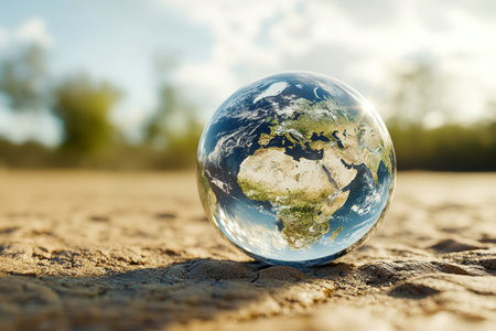 3d earth in glass sphere on arid desert soil a reflective earth day conceptual imageの写真素材