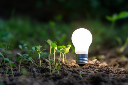 Illuminated soil with green plant sprouts a winning concept for energy and environmental protectionの写真素材