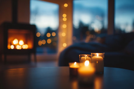 Cozy evening in a blurred living room with fireplace, candles, and modern winter home decorの写真素材