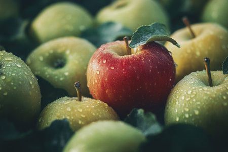 A vibrant red apple contrasts with green apples in a striking close up stock photographの写真素材
