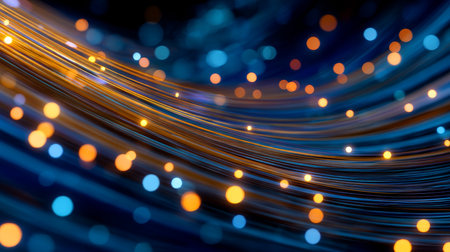 Abstract blue background with curved light lines and bokeh for digital data transfer conceptの写真素材