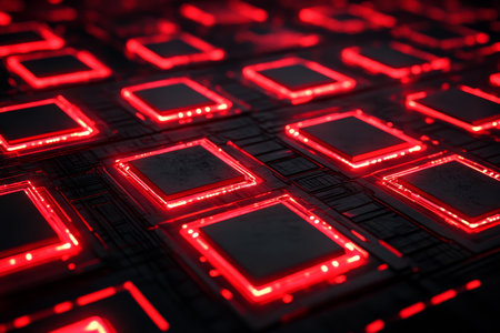 Futuristic red and black geometric design with circuit patterns for technology presentationの写真素材