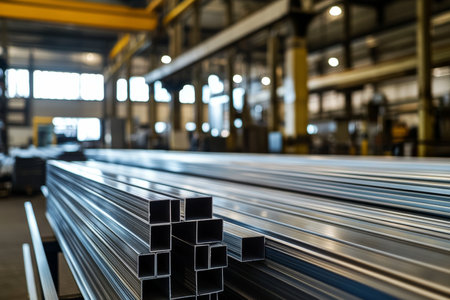 Warehouse of aluminum profiles featuring stacked metal pieces and organized rectangular postsの写真素材
