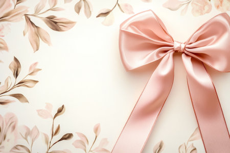 Elegant rose gold ribbon bow on a blank wedding card with space for personalization and decorの写真素材