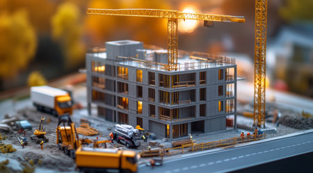 Hyper realistic miniature model of a modern house under construction with cranes and trucksの写真素材