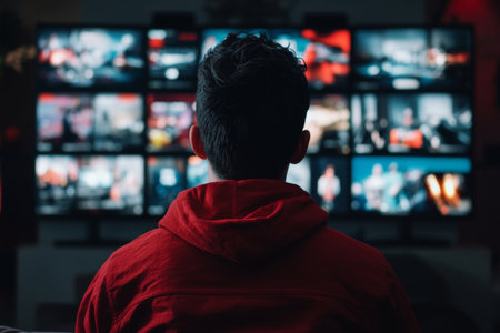 Young man in red hooded jacket engrossed in multiple screens in a dimly lit indoor roomの写真素材