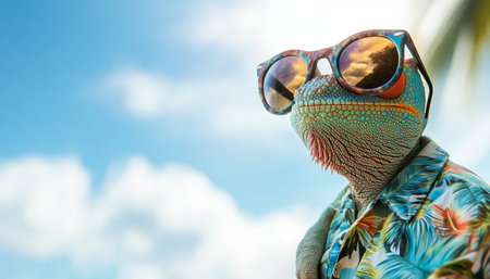 Chameleon wearing sunglasses and Hawaiian shirt on a sunny beach summer vacation vibesの写真素材