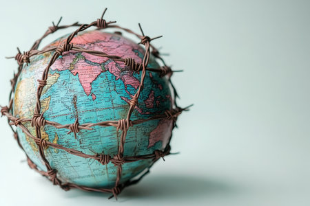 Globe enclosed in barbed wire representing national borders with biomes displayed in blue and pinkの写真素材