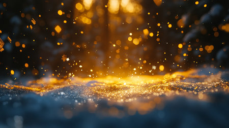 Enchanting background of golden lights and snowflakes with glowing effects on a dark canvasの写真素材