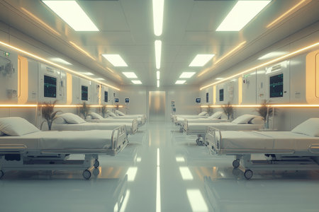 Modern hospital ward with patient beds, advanced technology, natural light, and calming atmosphereの写真素材