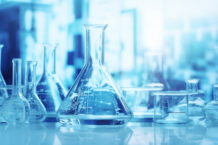 Blue liquid in glass beakers and flasks with abstract symbols, ideal for science and lab themes.の写真素材