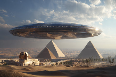 A transparent ufo hovers over the giza pyramids and sphinx in a bright desert landscape.