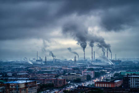 Urban skyline featuring numerous smokestacks, industrial pollution, and a dark gray sky backdrop.の写真素材