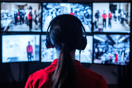 Woman in red shirt with headphones monitors security footage on multiple screens in dark roomの写真素材