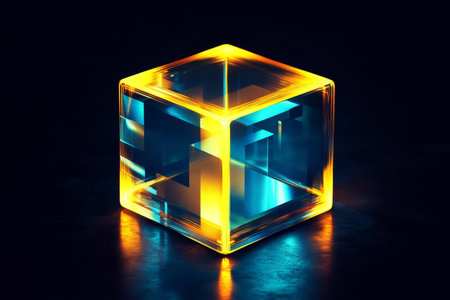 Futuristic glowing blue and yellow cube with reflections on black background for digital conceptsの写真素材
