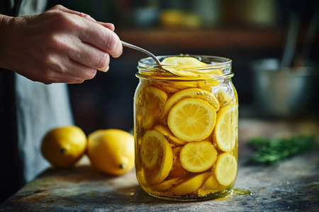Captivating food photography hand scooping pickled lemons from a rustic kitchen jarの写真素材