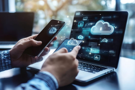 Businessman with laptop and smartphone using cloud icons for digital marketing and data transfer