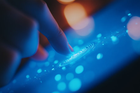 Close up of finger activating digital security icon on tablet in futuristic office settingの写真素材