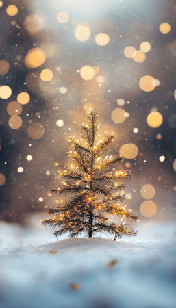 Enchanting winter scene a twinkling christmas tree amidst snow with bokeh background magicの写真素材