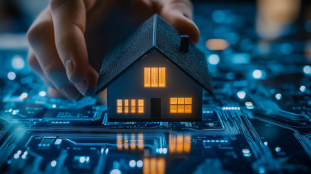 House model on digital circuit board with holographic home interior represents real estate tech