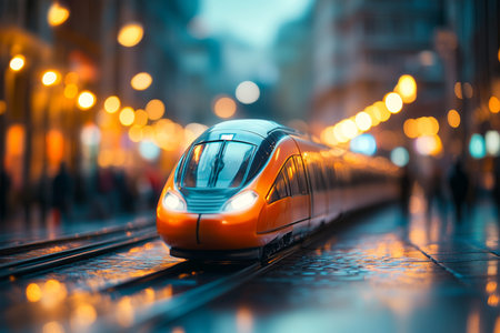 Cinematic scene of a blurred high speed train with toy bullet train in focusの写真素材