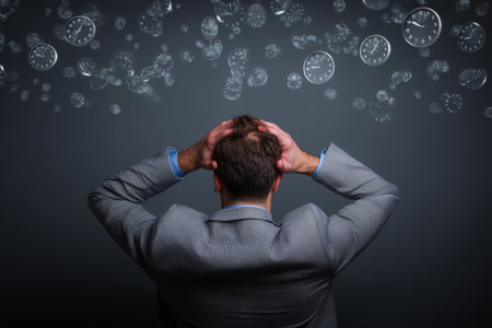 A businessman in a suit with hands on head surrounded by flying white clocks on dark gray backgroundの写真素材